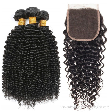 Afro kinky curly 3 bundles with closure  indian human hair bundles with closure  curly hair in wholesale natural color